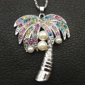 Multi-Color Crystal Rhinestone Coconut Tree Pendant Necklace NWOT
